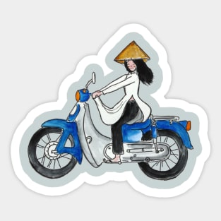 Vietnamese Girl driving her Honda Cub with a simple Water Color style Sticker